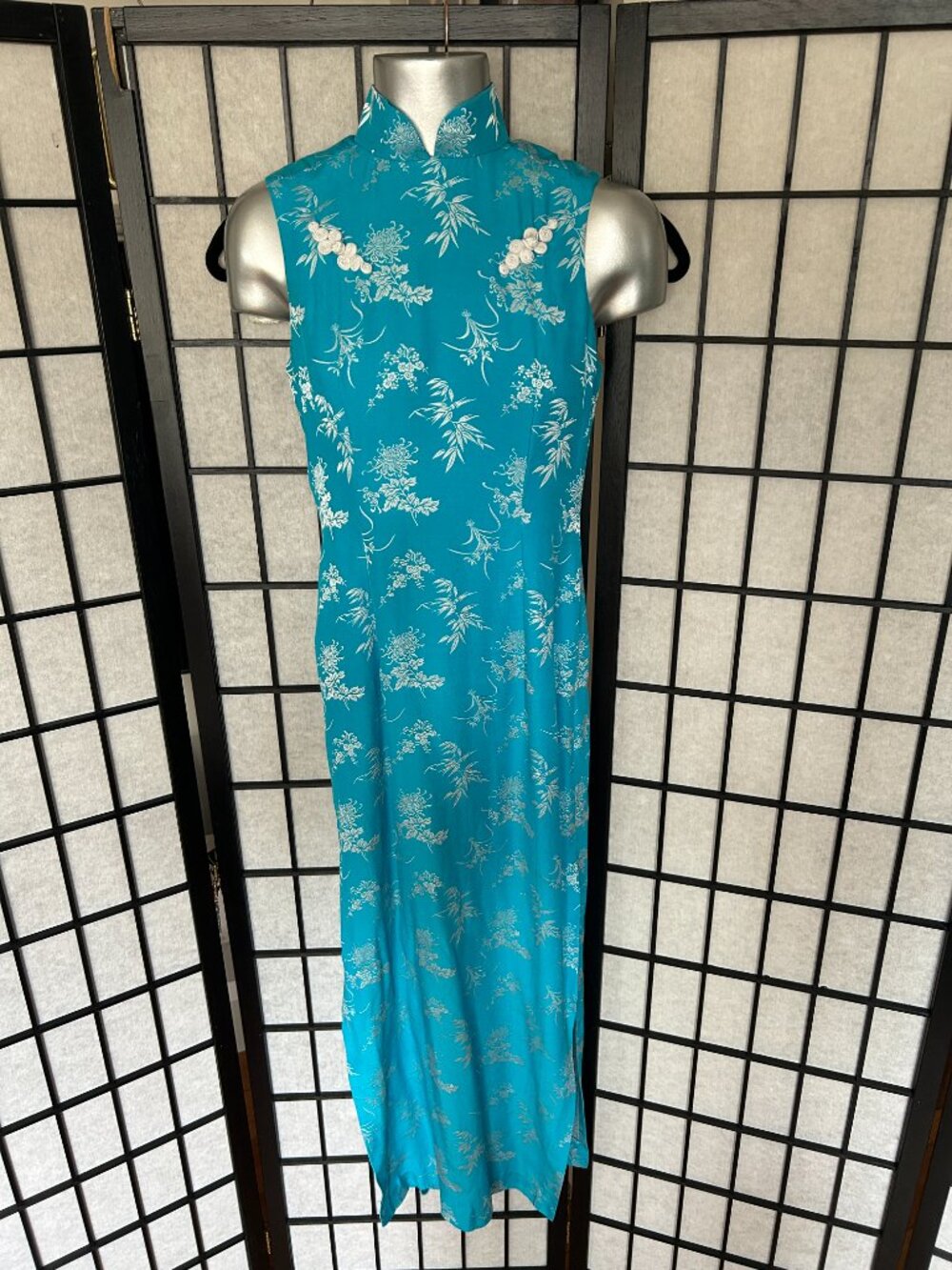 Y2K Floral Cheongsam Dress (XS) blue vintage maxi white glam evening party chic - Picture 3 of 8